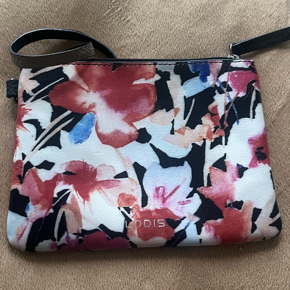 Lodis black/red leather floral wristlet